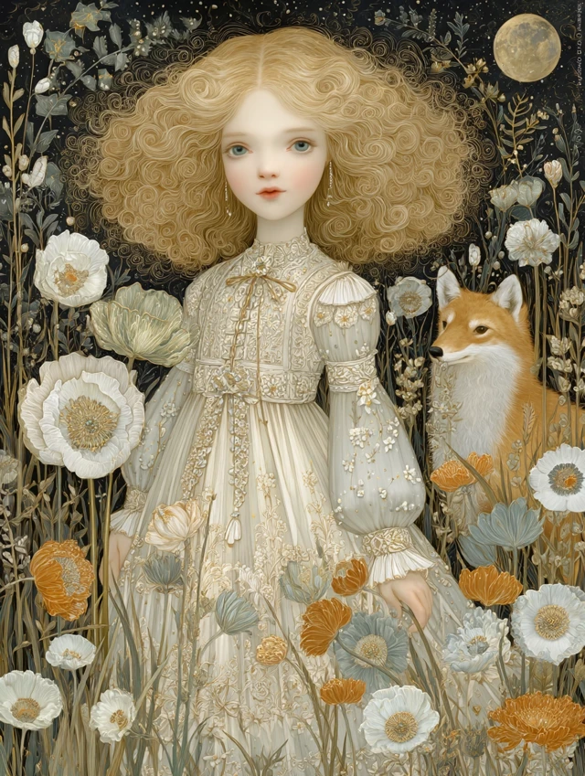 Art Nouveau Girl in Meadow with Fox Moonlight