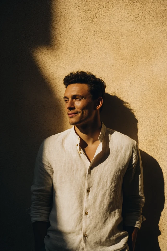 Stylish Man Leaning Against Wall - Warm Afternoon Light