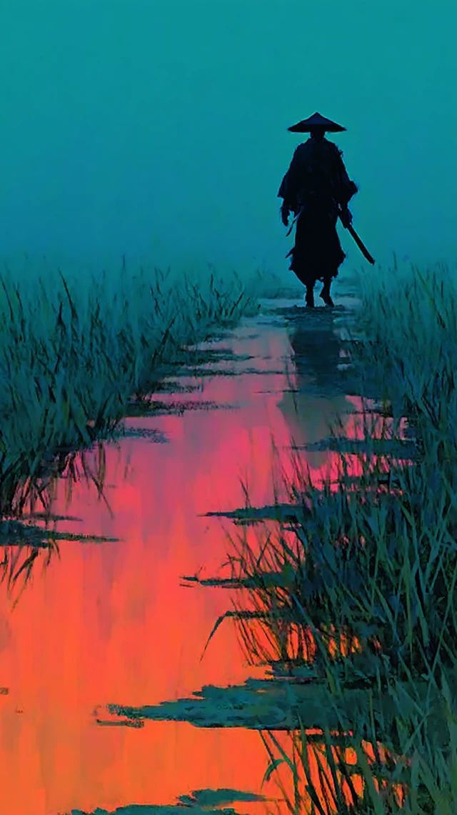 Lone Samurai Walking Into the Mist Serene Peace