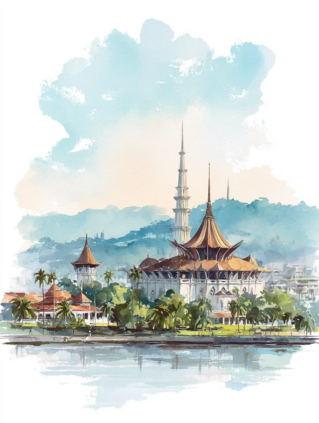 Kuching Waterfront Watercolor Painting Travel Art Print