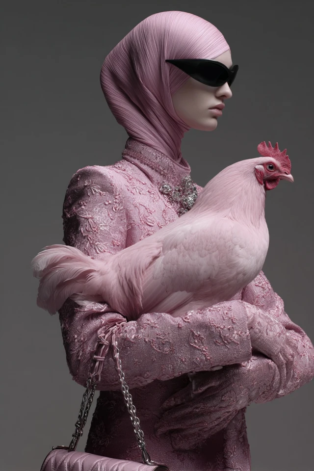 Fashion Model Holding Pink Chicken Balenciaga Style