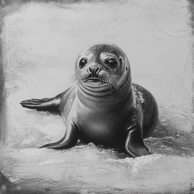 Monochrome Charcoal Drawing of a Seal Pup on Ice
