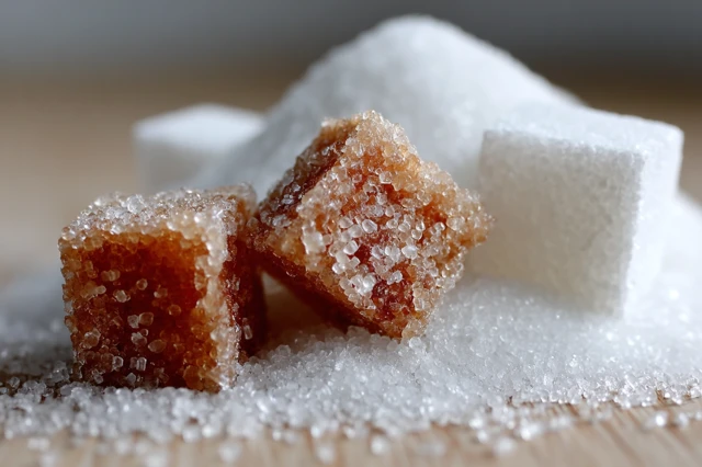 Sugar Variety Contrasts Turbinado Cubes Close Up