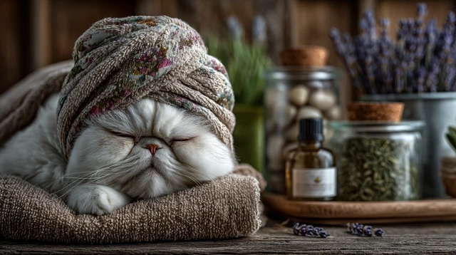 Relaxed Cat at a Spa Cozy Pet Pampering