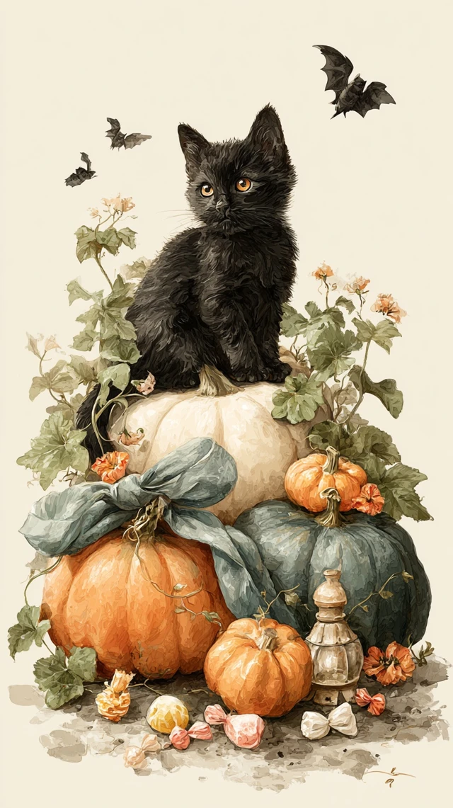 Halloween Black Cat and Pumpkins Watercolor