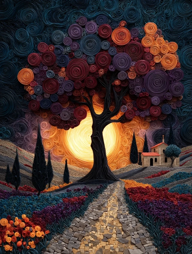 Fantasy Landscape Art Radiant Tree and Sun