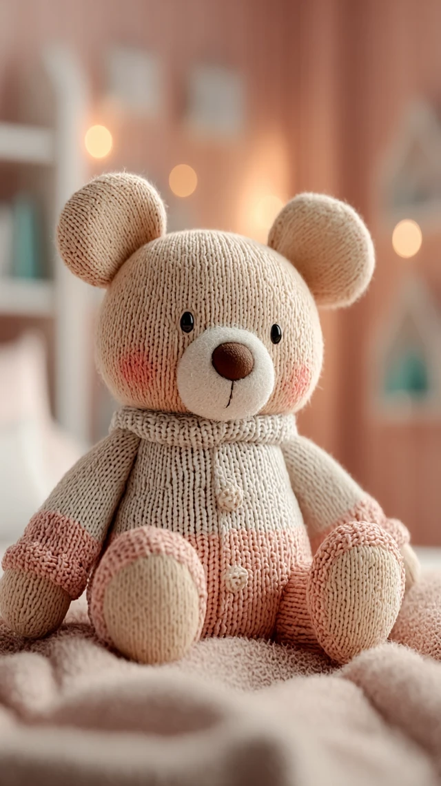Handmade Knitted Teddy Bear in Cozy Childrens Room