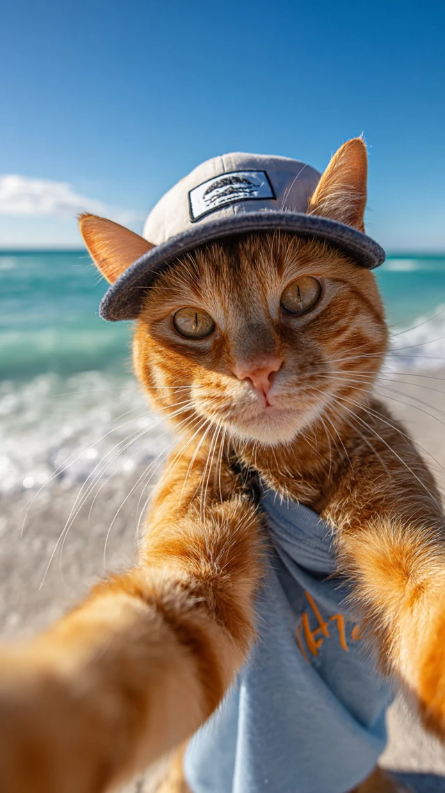 Orange Tabby Cat Taking Selfie at the Beach