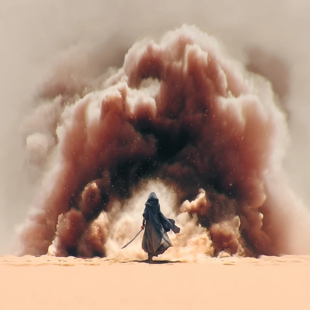 Arab Warrior in Desert Facing Darkness Epic Fantasy