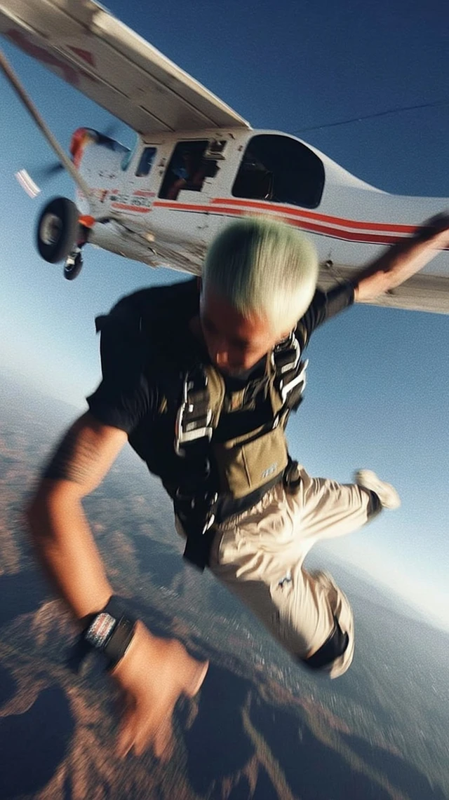Skydiver Freefall Action Shot Neon Green Buzzcut
