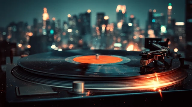 Vintage Turntable Spinning Record Cityscape
