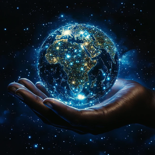 Afrocentric Hand Holding the World Above the Clouds