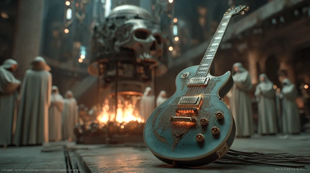 Burning Guitar in Church Eerie Dramatic Scene