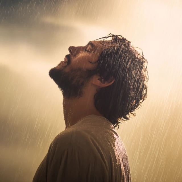 Man in Rain Peaceful Surrender Hope and Light