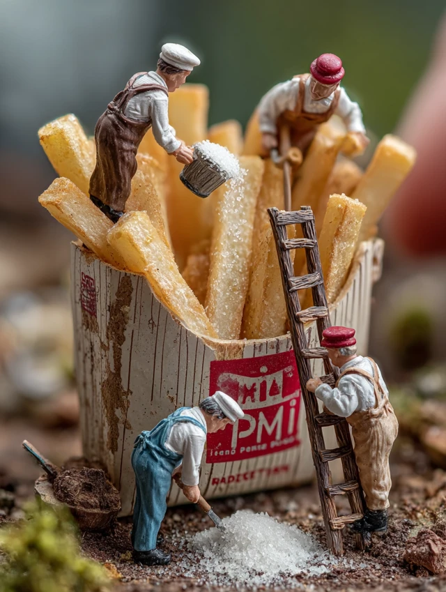 Miniature French Fries Scene Chefs Adding Salt