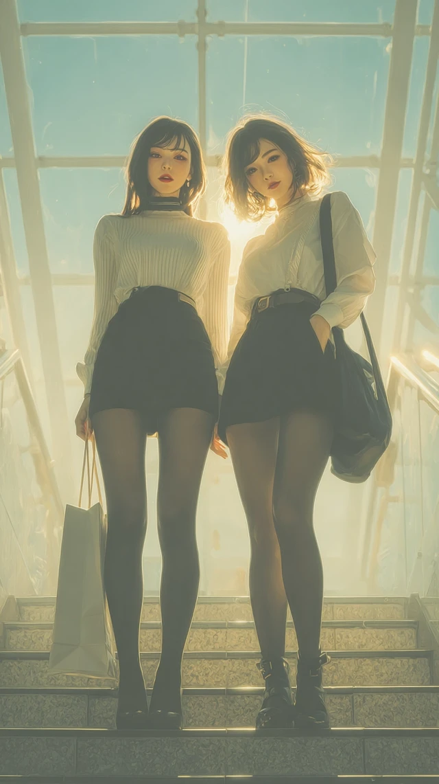 Two Chinese Girls on Stairs Fashion Portrait