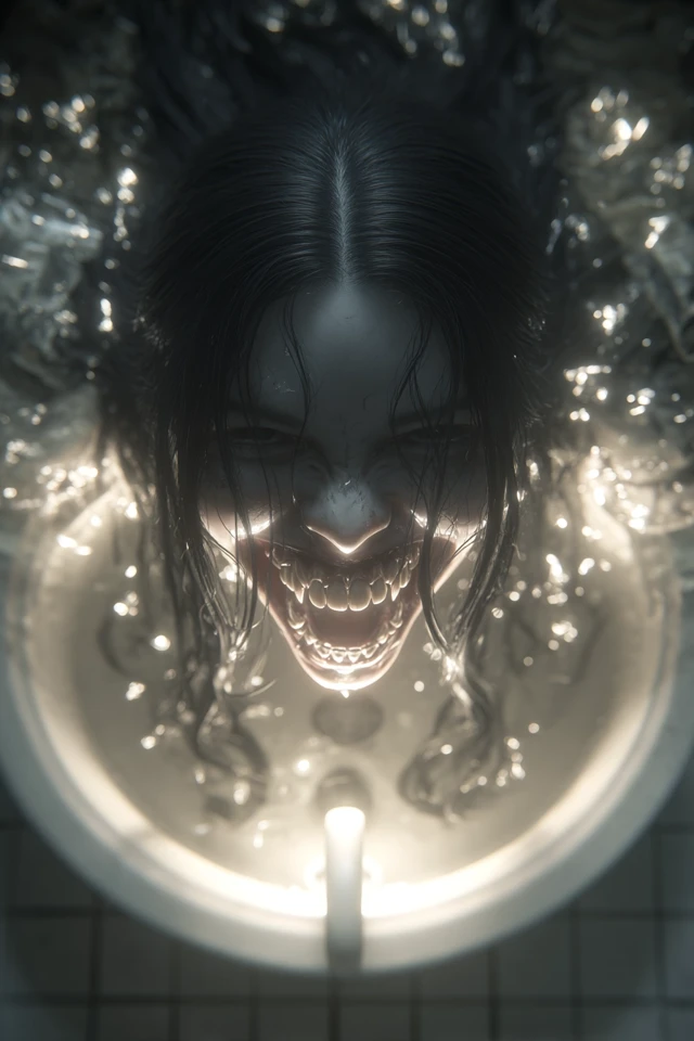 Scary Female in Bathroom Hyperrealistic Scene