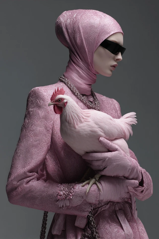 Fashion Model Holding Pink Chicken Balenciaga Style