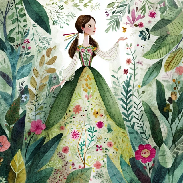 Whimsical Watercolor Lady in the Forest Illustration