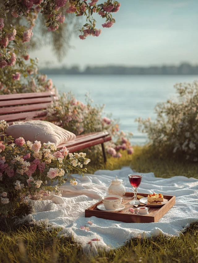 Picnic by the Lake Romantic Scene with Food and Wine