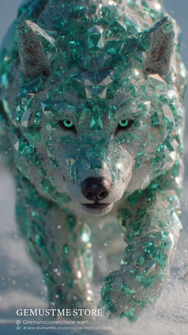 Emerald Wolf Gemstone Animals in the Snowy Mountains