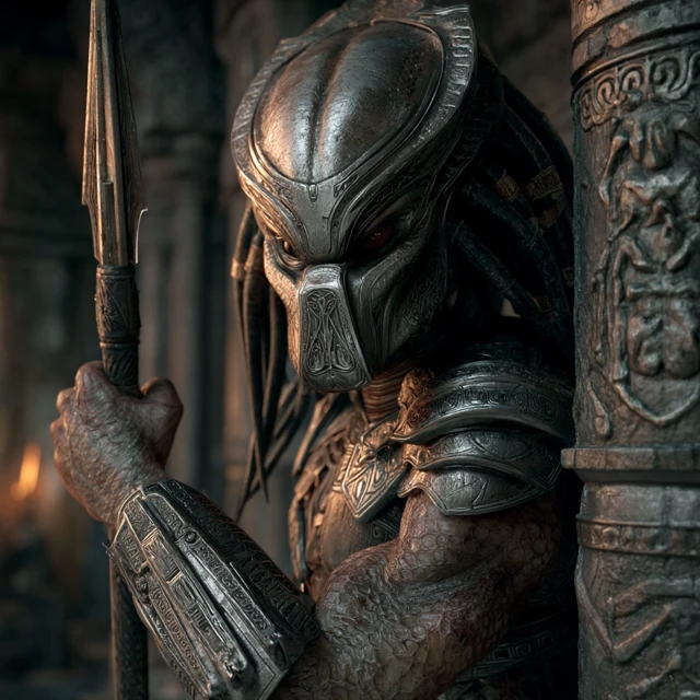 Futuristic Alien Warrior Predator in Ancient Temple