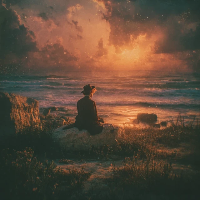 Contemplative Sunset Haredi Man Seaside Scene