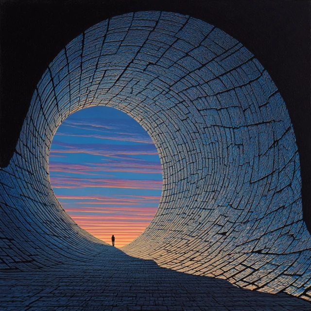 Psychedelic Tunnel Painting with Sunset Horizon