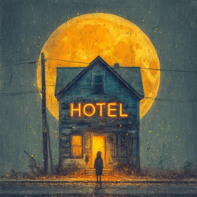 Vintage Hotel Under Full Moon Dreamlike Scene
