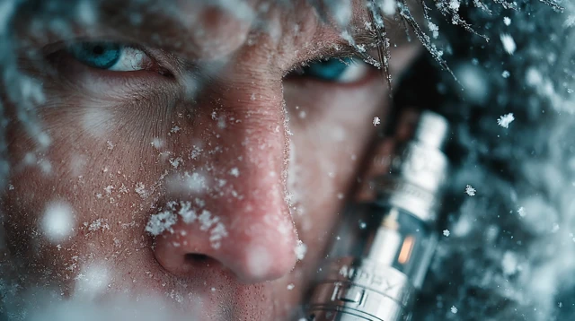 Man Vaping in Snow Cinematic Portrait