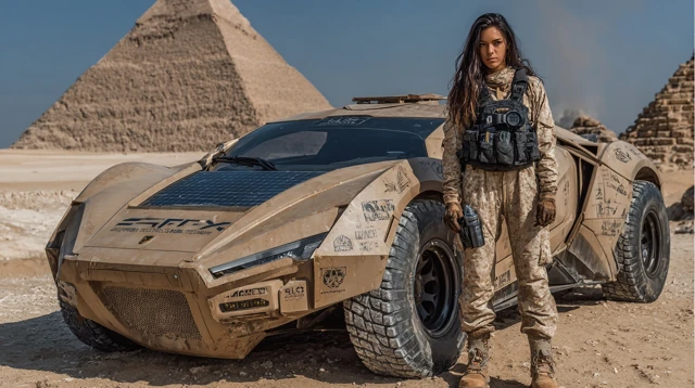 Egyptian Woman and Sports Car Near Pyramids