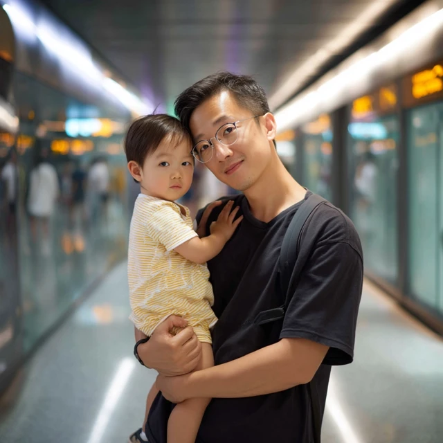 Chinese Father and Child in Subway Station