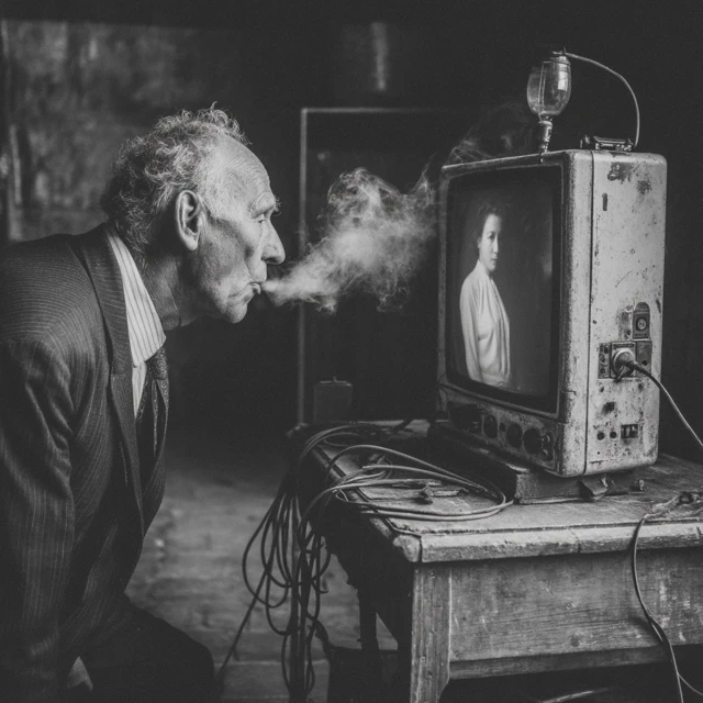 Man Blowing Air Into Computer Monitor