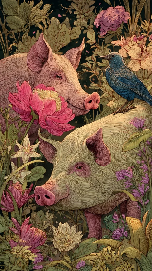 Pigs in Paradise Birds Flowers and Lush Gardens