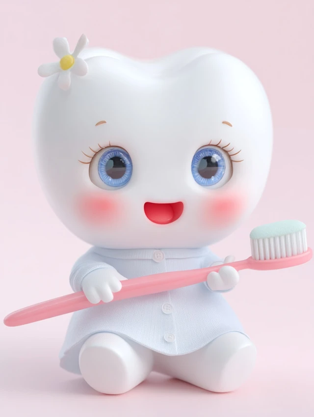 Cute Cartoon Tooth Character with Brush 3D