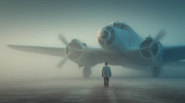 Foggy Airstrip Retro Plane Cinematic Scene