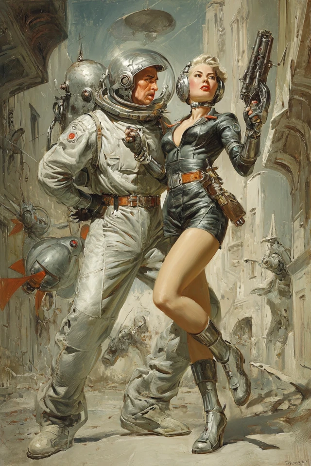 Retro SciFi Painting Man and Woman in Alien City