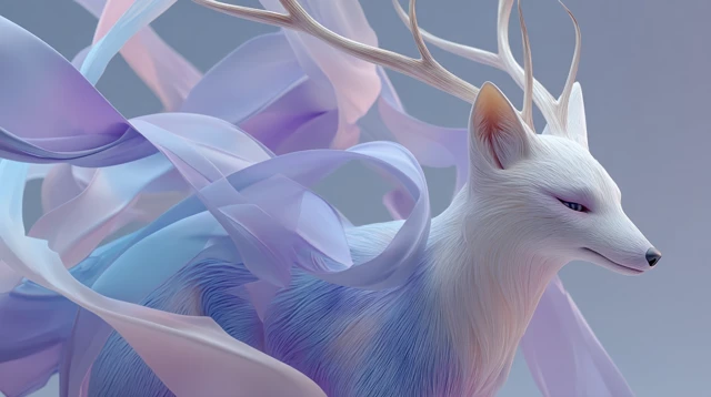 Ethereal 3D Fox with Antlers and Flowing Ribbons