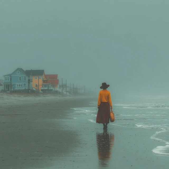 Woman Walking on Beach Misty Day