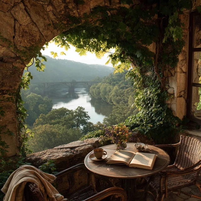 Morning Terrace Overlooking River and Bridge