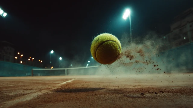 Tennis Ball Landing on Clay Court Night Game