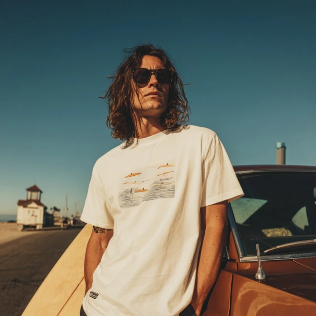 Surfer Boy in White Tee with Vintage Car Lookbook