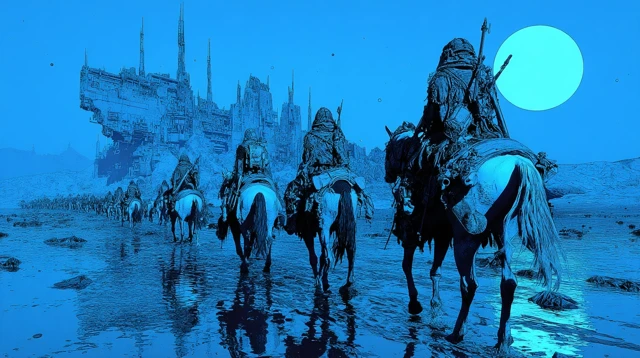 SciFi Alien Tribe Horseback Riding Under Eclipse
