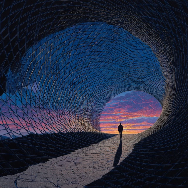 Psychedelic Tunnel Painting with Sunset Horizon