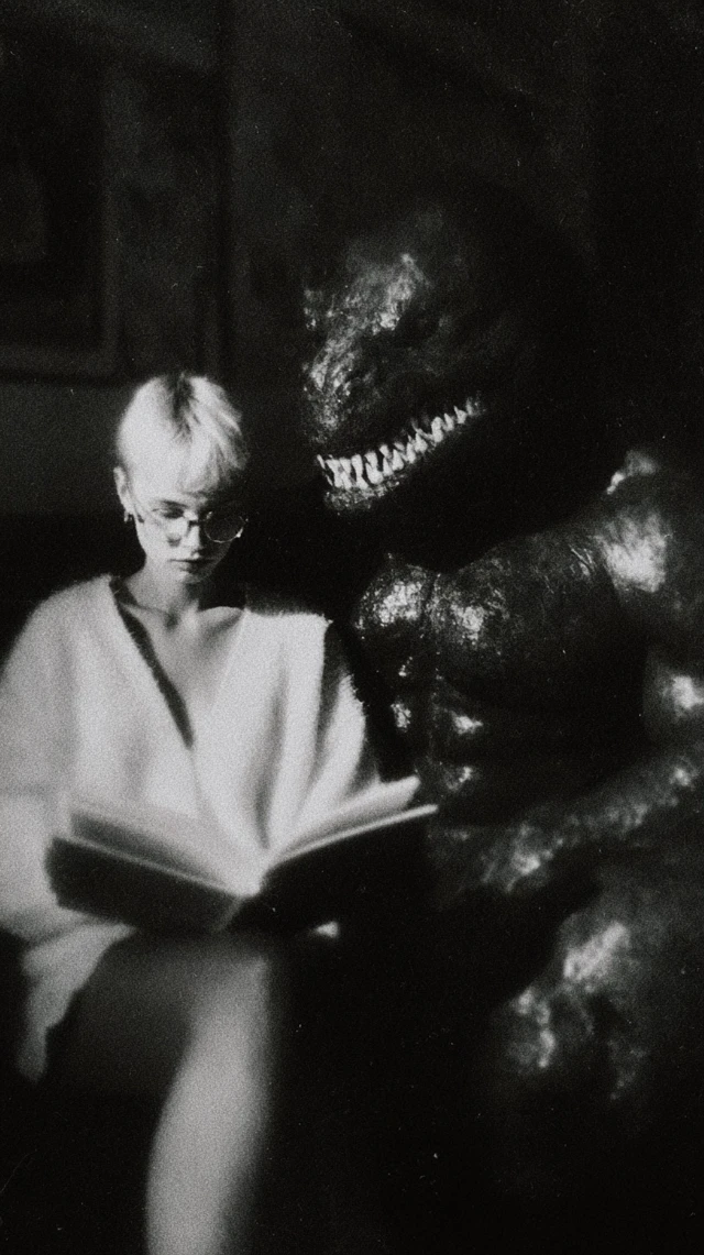 Woman and Monster Reading Black and White Photo