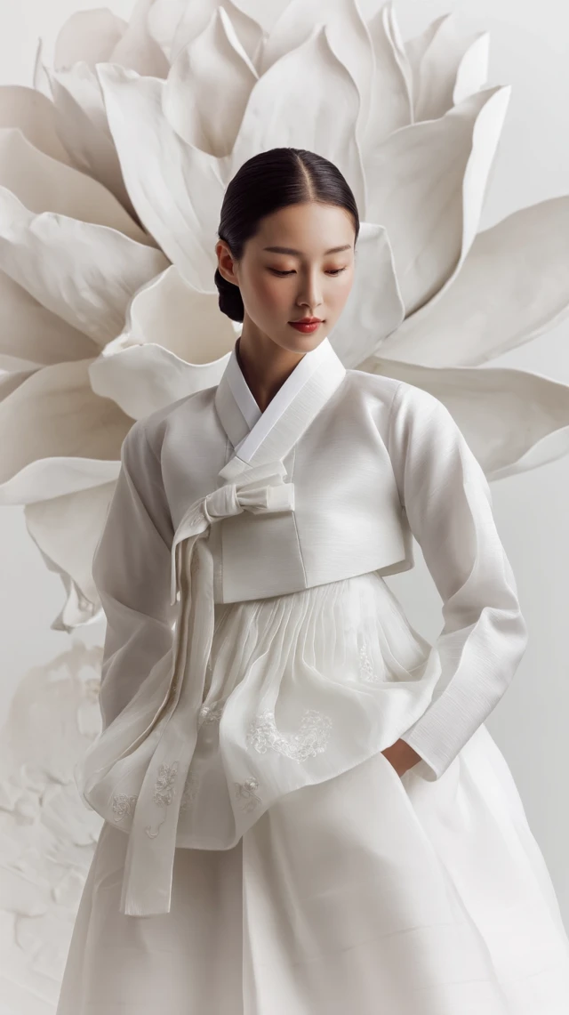 Elegant Korean Hanbok in White with Lotus Flower