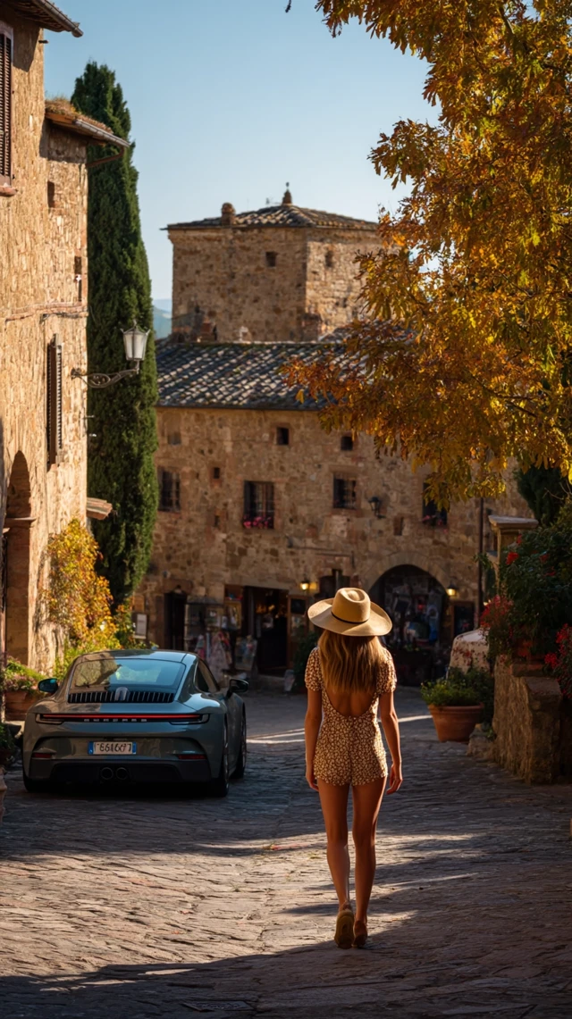 Tuscan Autumn Scene: Woman, Porsche, and Beautiful Landscape