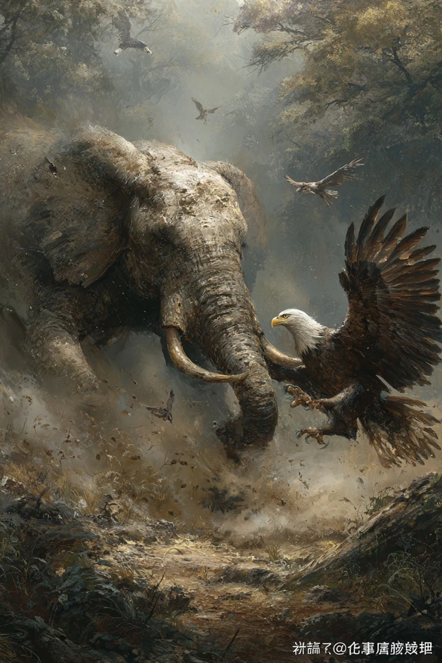 Elephant Eagles Battle in Dark Forest