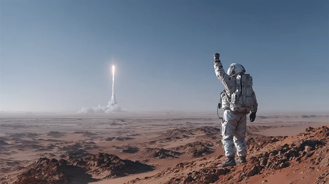 Astronaut on Mars Sending Signal Rocket