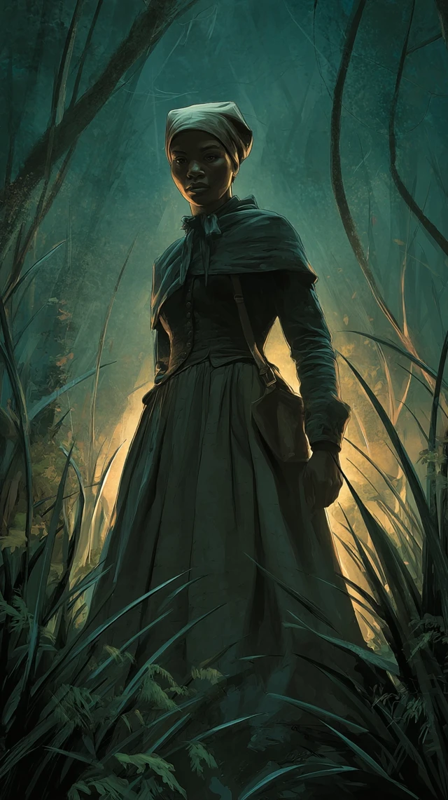 Harriet Tubmans Escape Through the Forest at Night